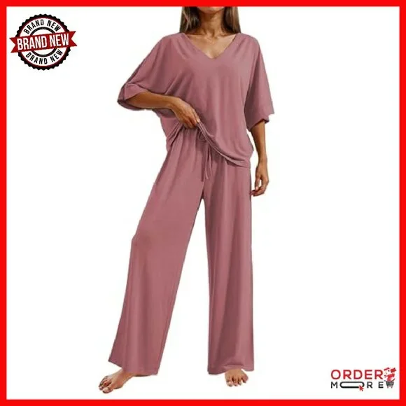 Soft 2-Piece Lounge Set Short Sleeve Top Long Pants S-XXL